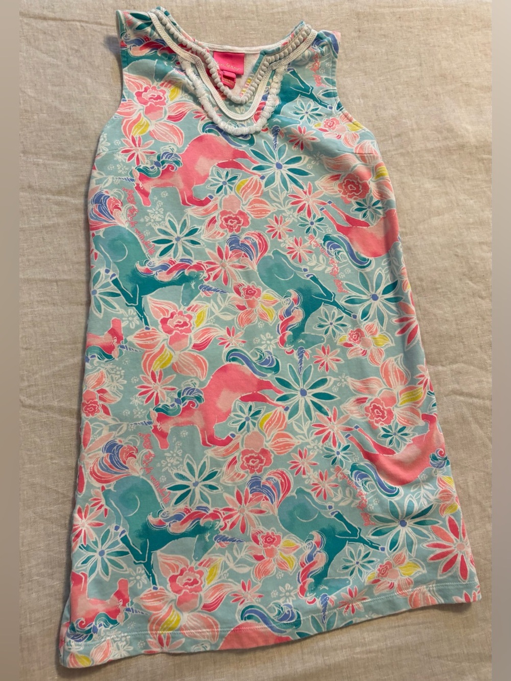 Lilly Pulitzer Girls XL (12/14) French Terry Unicorn Shift Dress Pom Pom Trim